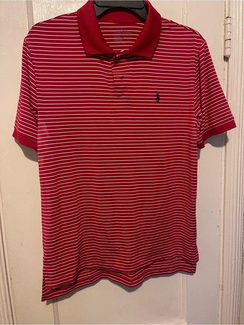 Ralph Lauren Red and White Striped performance Polo Shirt size L(14-16)
